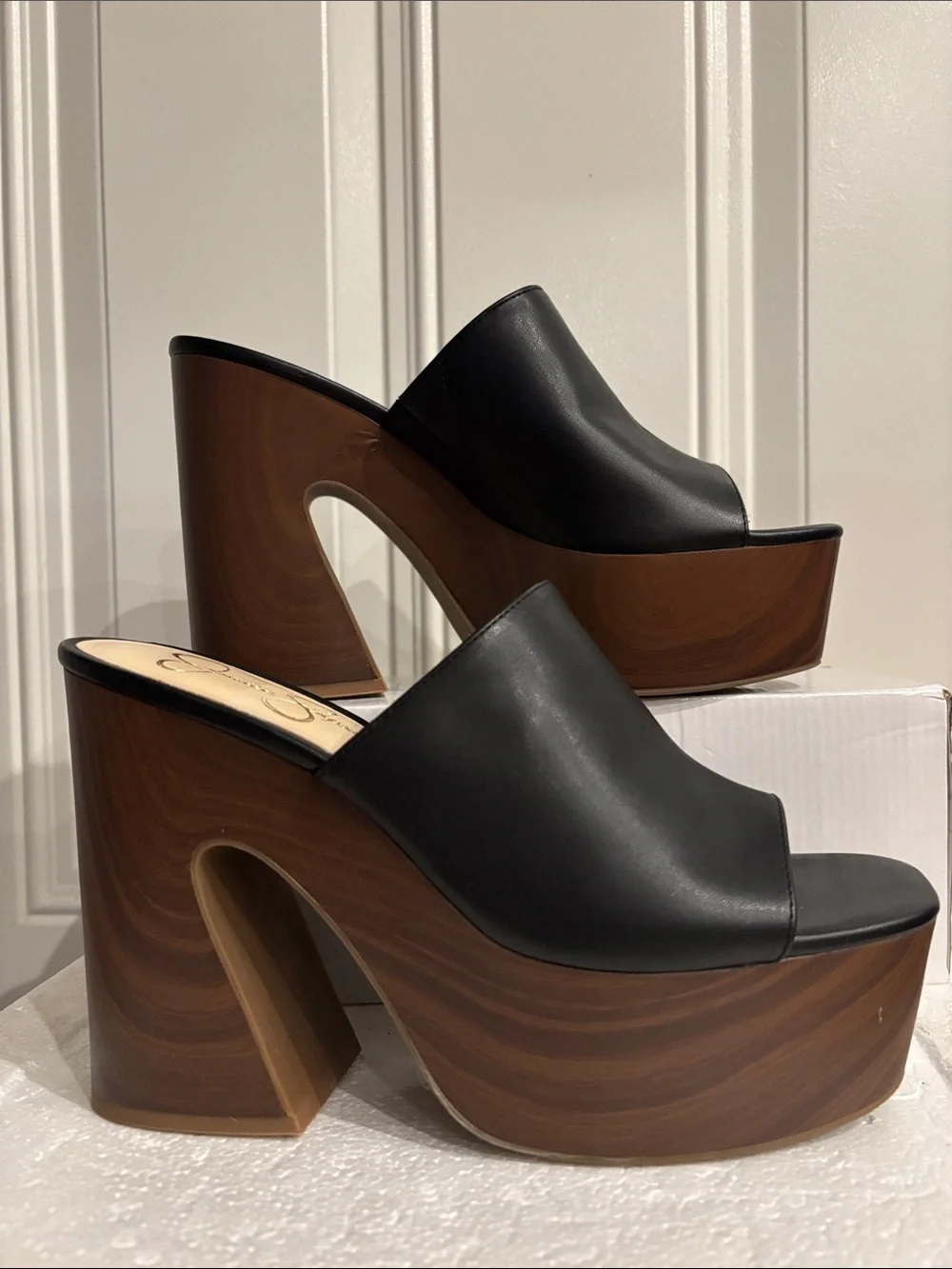 Jessica Simpson Black Platform Slide with Wood-Effect Heel